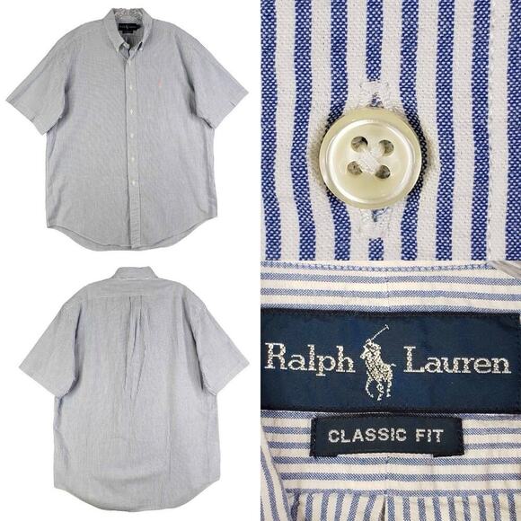Polo Ralph Lauren Shirt Mens Size Large Blue Striped Seersucker SS Button Down - Picture 1 of 9